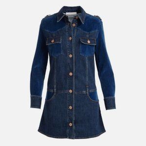 See By Chloe Long-Sleeve Denim & Velvet Dress (Washed Indigo Blue)